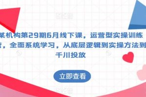 某机构第29期6月线下课,运营型实操训练营,全面系统学习,从底层逻辑到实操方法到千川投放