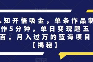 认知开悟吸金,单条作品制作5分钟,单日变现超五百,月入过万的蓝海项目【揭秘】